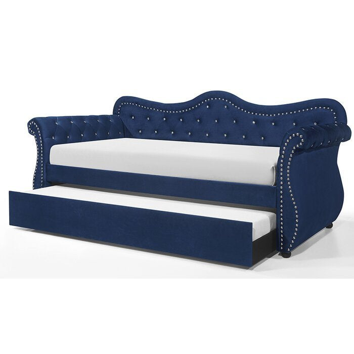 Galaxy Home Abby Upholstered Velvet Wood Daybed with Trundle in Blue