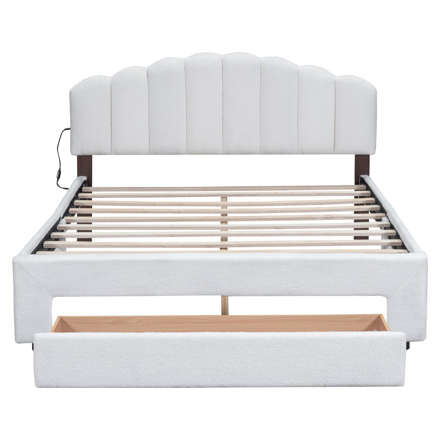 Teddy Fleece Queen Size Upholstered Platform Bed with Drawer, White