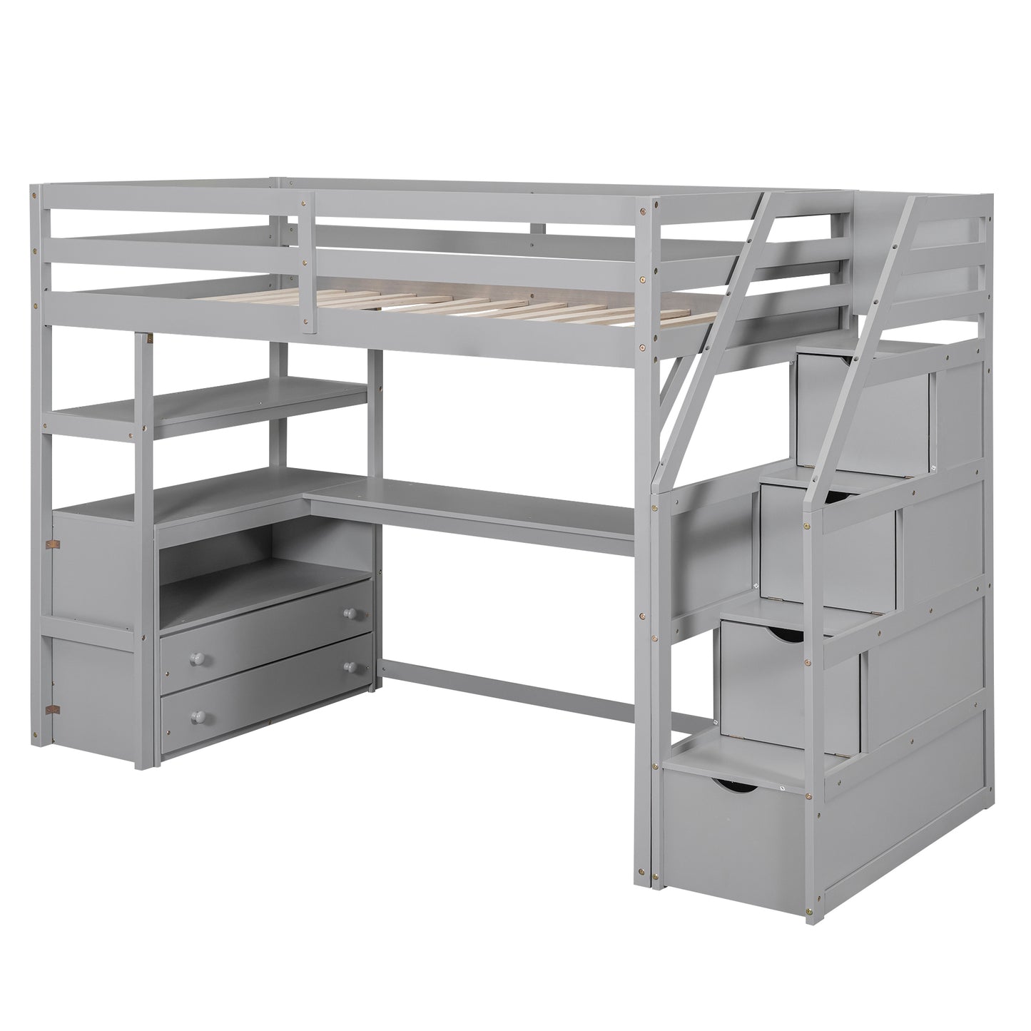 Twin Size Loft Bed with Desk and Shelves, Two Built-in Drawers, Storage Staircase, Gray
