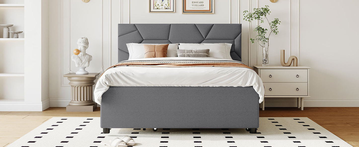 Full Size Upholstered Platform Bed with Brick Pattern Headboard, with Twin Size Trundle and 2 Drawers, Linen Fabric, Gray