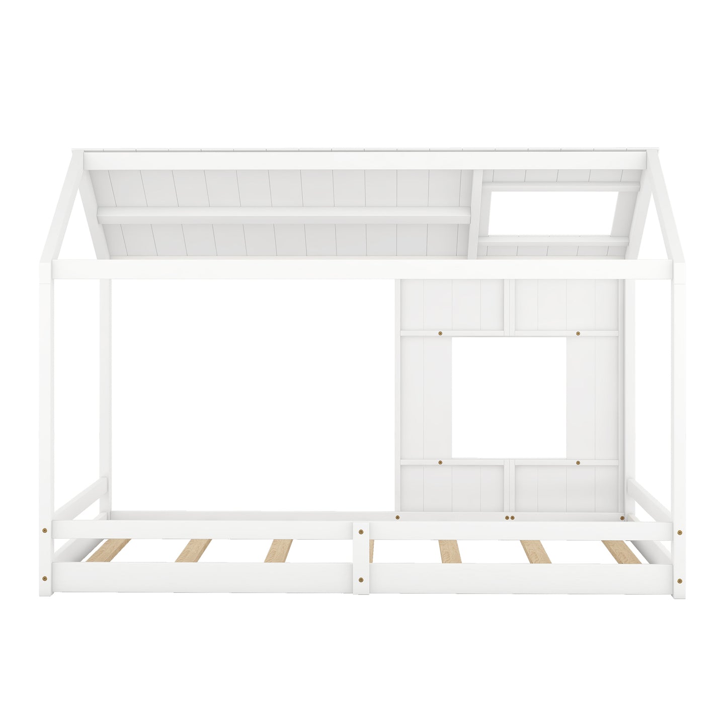 Twin Size House Platform Bed with Roof and Window - White