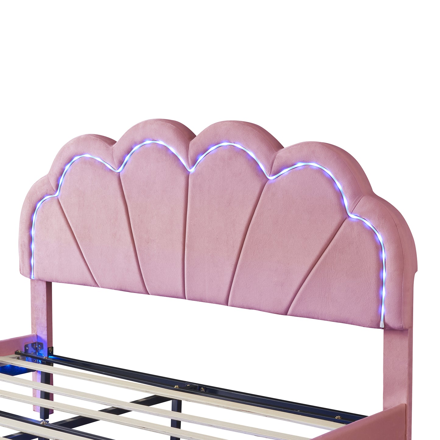Queen Upholstered Smart LED Bed Frame with Elegant Flowers Headboard,Floating Velvet Platform LED Bed with Wooden Slats Support,Pink