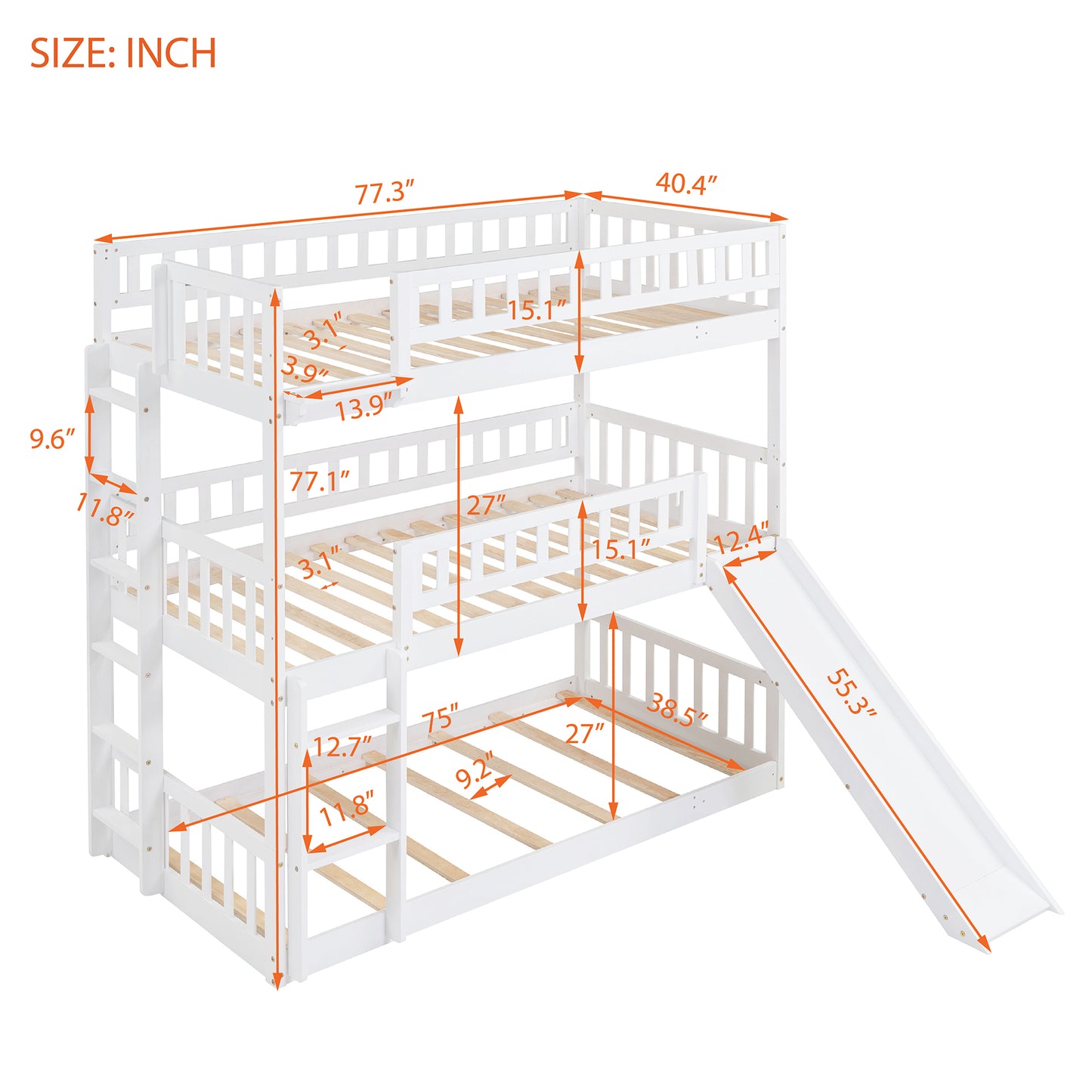 Twin-Over-Twin-Over-Twin Triple Bed with Built-in Ladder and Slide, Triple Bunk Bed with Guardrails, White