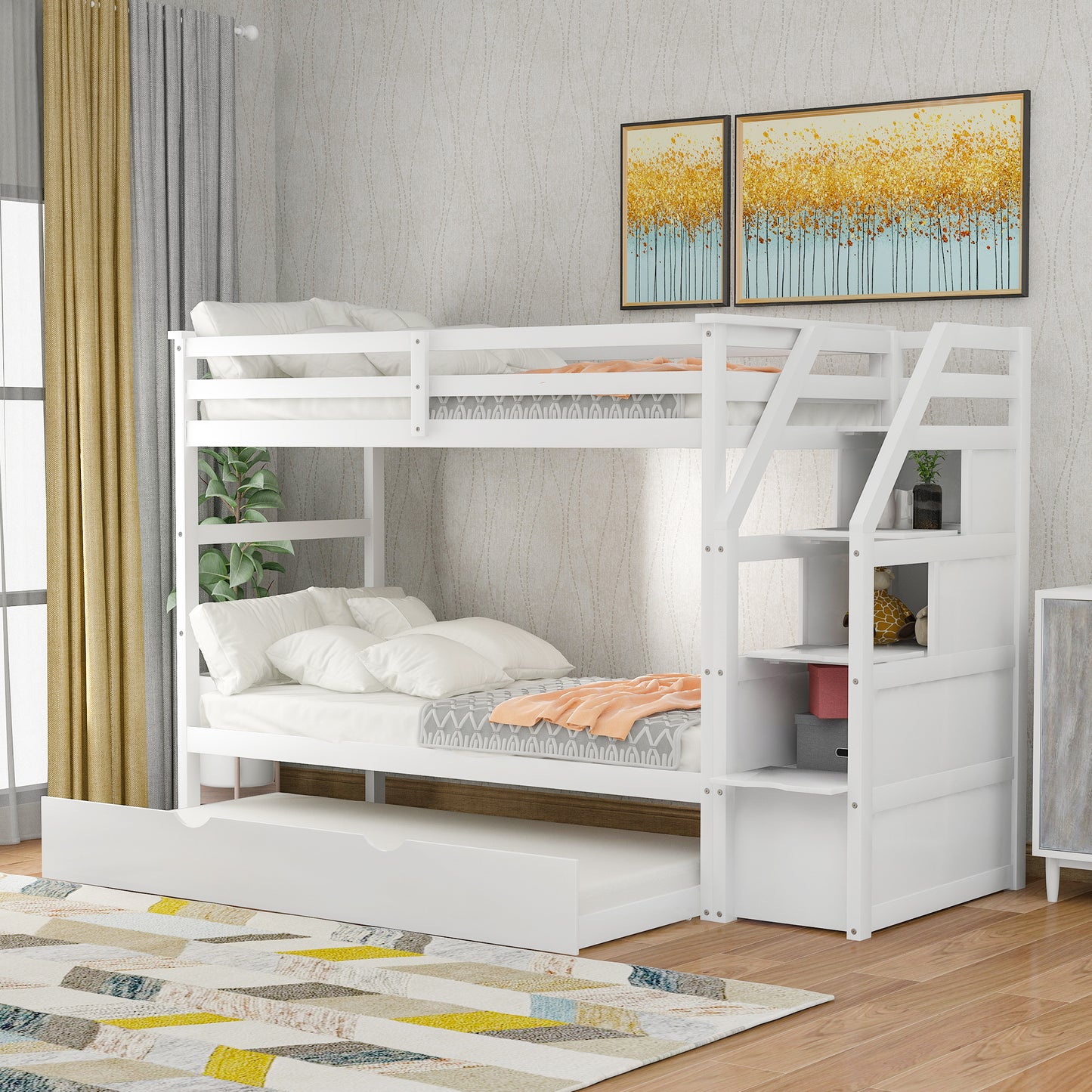 Twin-Over-Twin Bunk Bed with Twin Size Trundle and 3 Storage Stairs,White