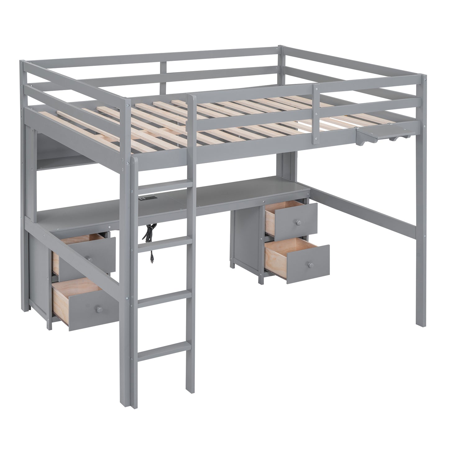Full Size Loft Bed with Desk, Cabinets, Drawers and Bedside Tray, Charging Station, Gray