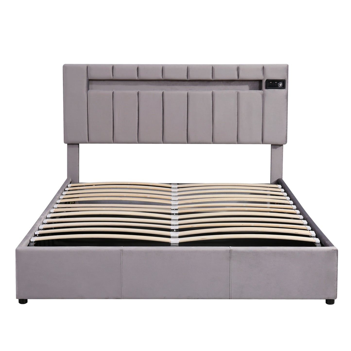 Queen Size Upholstered Platform Bed with LED light, Bluetooth Player and USB Charging, Hydraulic Storage Bed in Gray Velvet Fabric