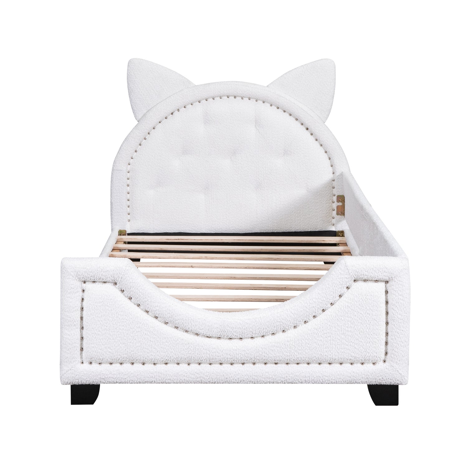 Teddy Fleece Twin Size Upholstered Daybed with Carton Ears Shaped Headboard, White