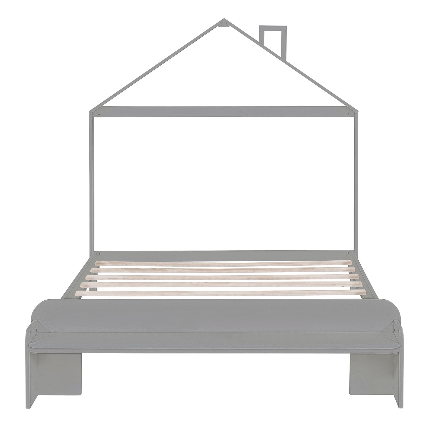 Full Size Wood Platform Bed with House-shaped Headboard and Footboard Bench,Grey