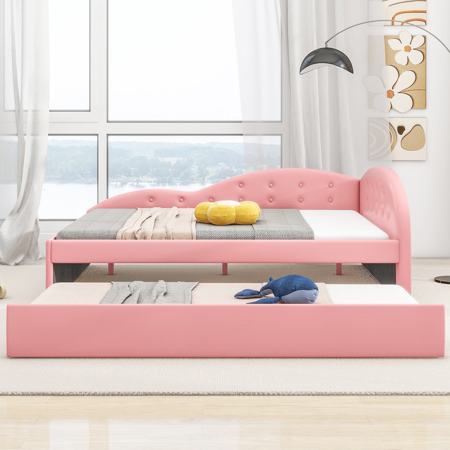 Full Size PU Upholstered Tufted Daybed with Trundle and Cloud Shaped Guardrail, Pink