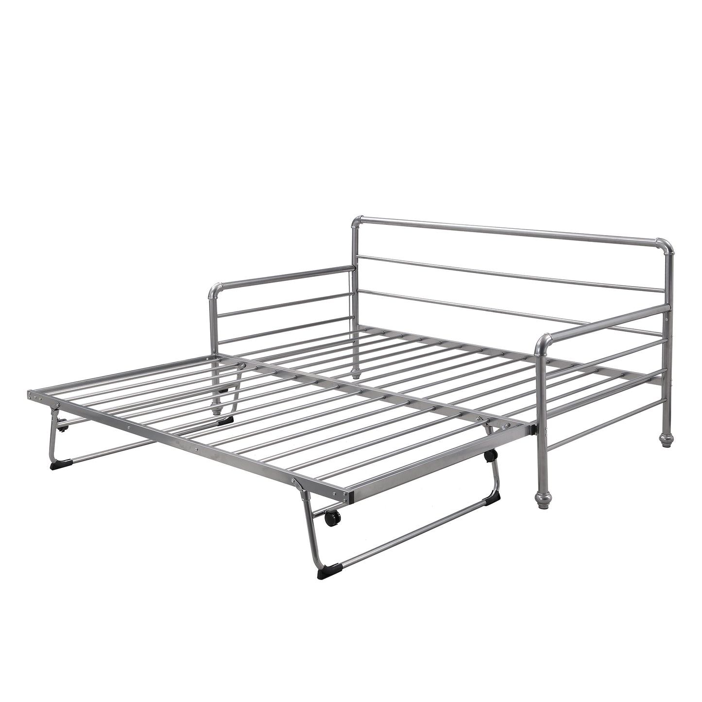 Twin Size Daybed with Adjustable Trundle, Pop Up Trundle, Silver