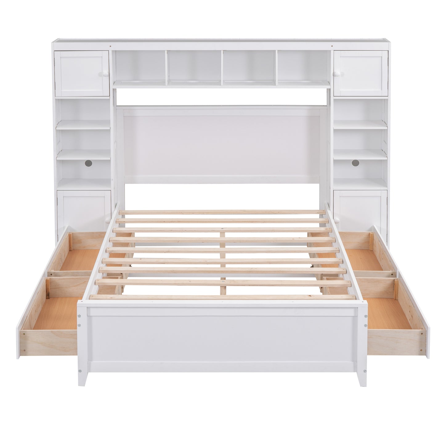 Full Size Wooden Platform Bed With All-in-One Cabinet and Shelf, White