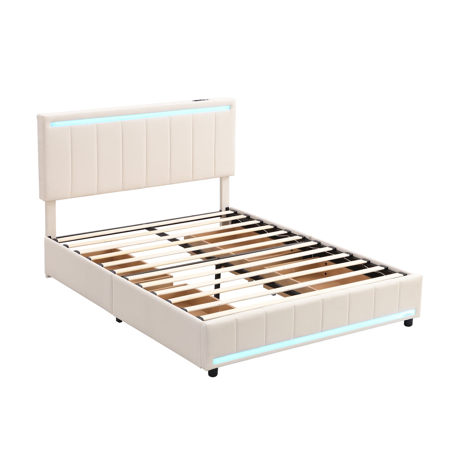 Full Size Upholstered Bed with LED Light and 4 Drawers,  Modern Platform Bed with a set of Sockets and USB Ports, Linen Fabric, Beige