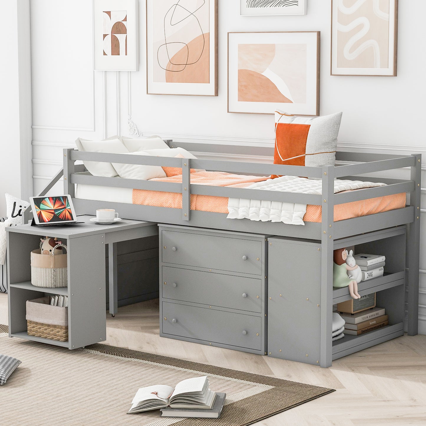 Twin Size Loft Bed with Retractable Writing Desk and 3 Drawers, Wooden Loft Bed with Storage Stairs and Shelves, Gray