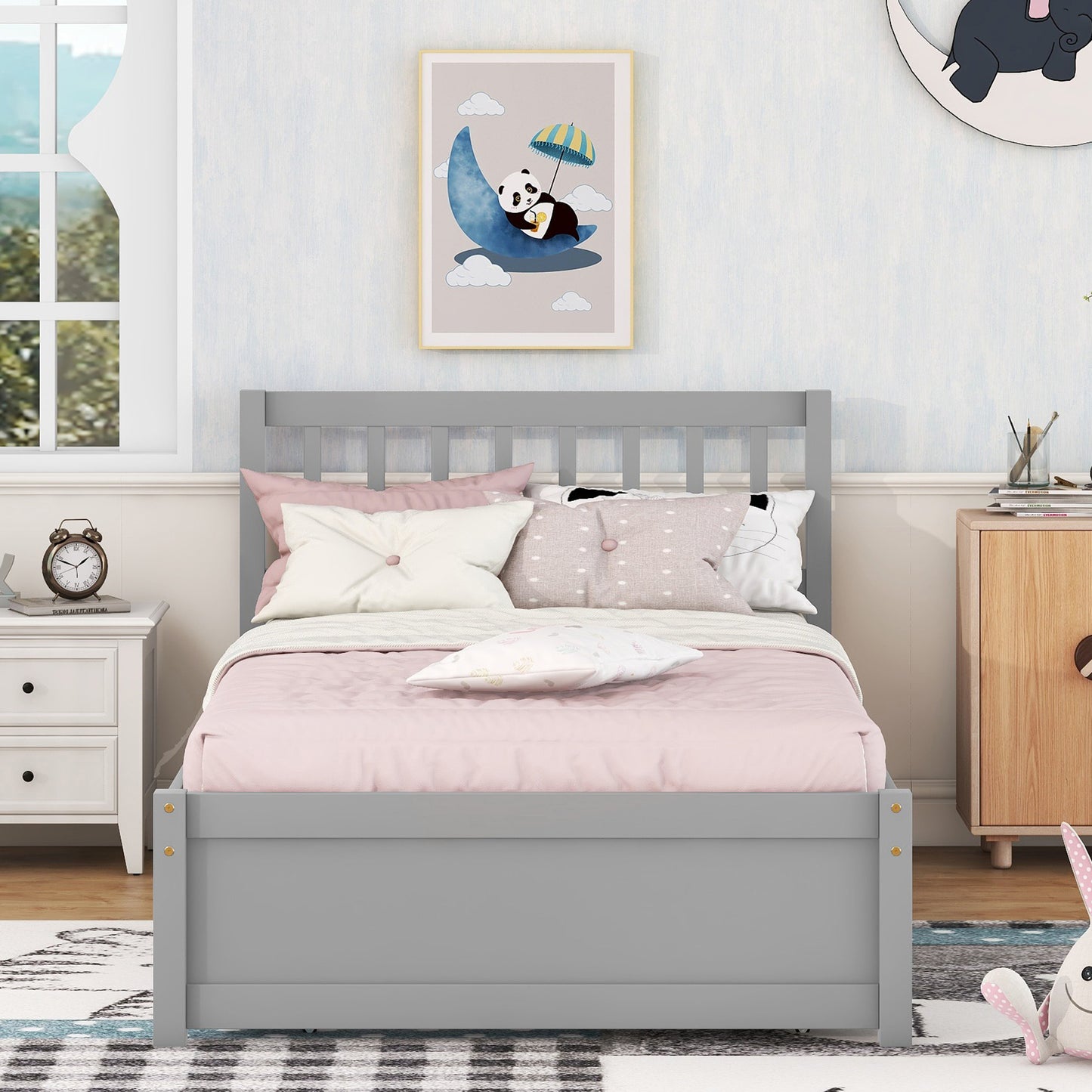 Modern Design Wooden Twin Size Platform Bed Frame with Trundle for Grey Color