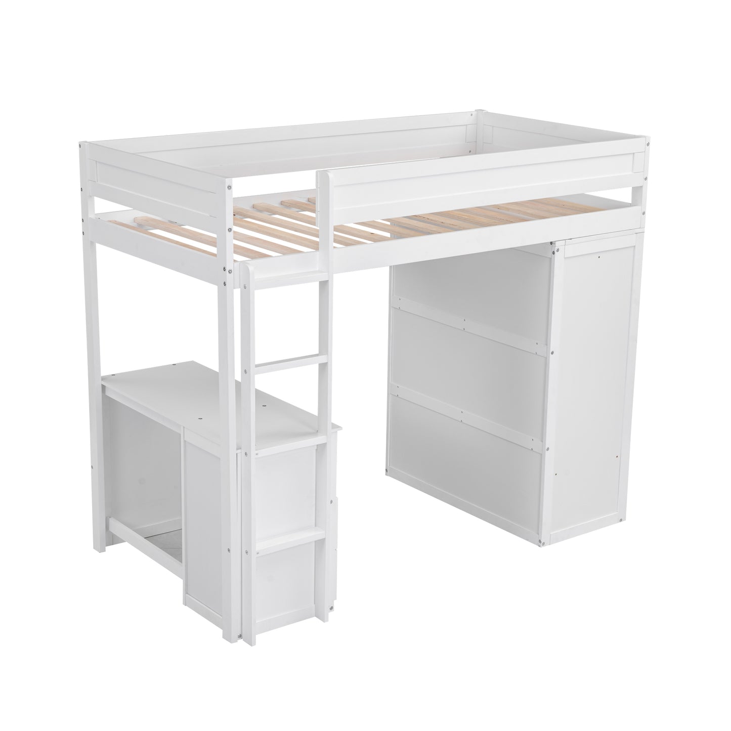 Wood Twin Size Loft Bed with Wardrobes and 2-Drawer Desk with Cabinet, White