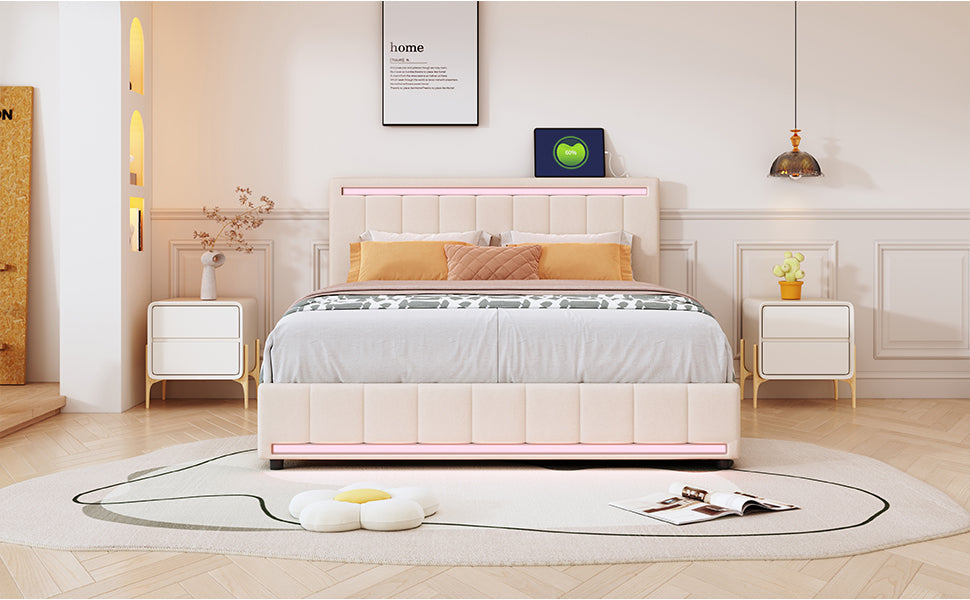 Queen Size Upholstered Bed with LED Light and 4 Drawers,  Modern Platform Bed with a set of Sockets and USB Ports, Linen Fabric, Beige