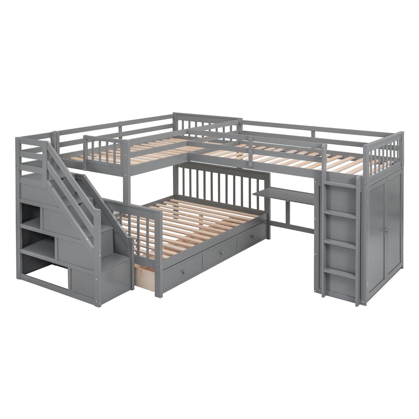 Twin-Twin over Full L-Shaped Bunk Bed With 3 Drawers, Portable Desk and Wardrobe, Gray
