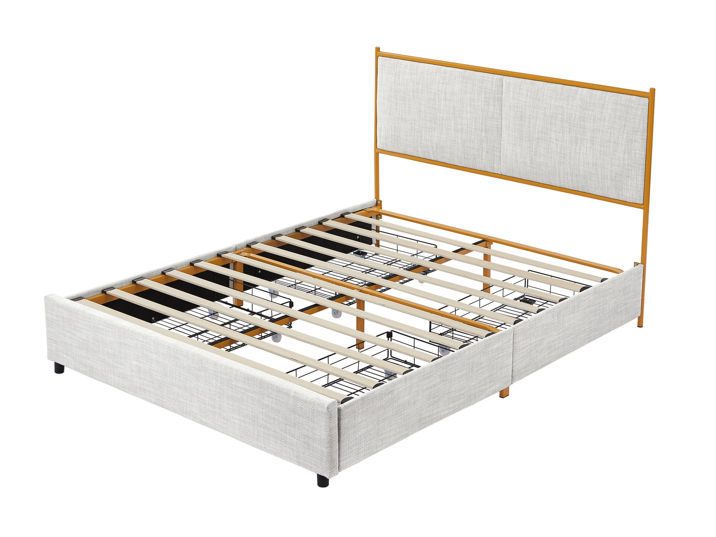 Queen size Upholstered Platform Bed with 4 Storage Drawers, Classic Steamed Bread Shaped Backrest, Light Gray