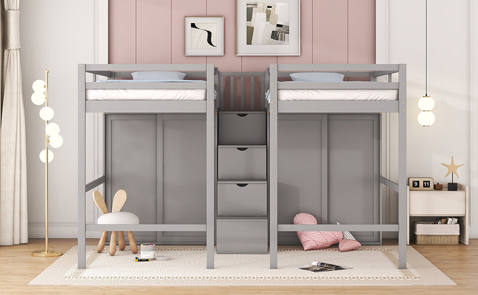 Double Twin Loft Beds with Wardrobes and Staircase, Gray