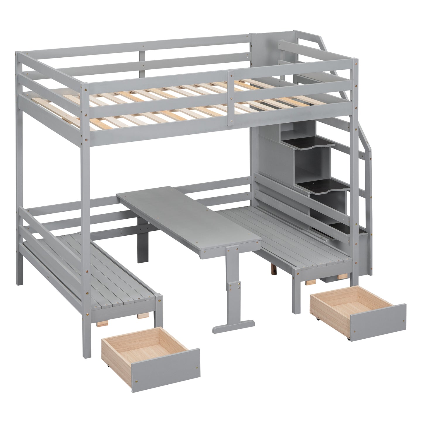 Full over Full Size Bunk with staircase,the Down Bed can be Convertible to Seats and Table Set,Gray