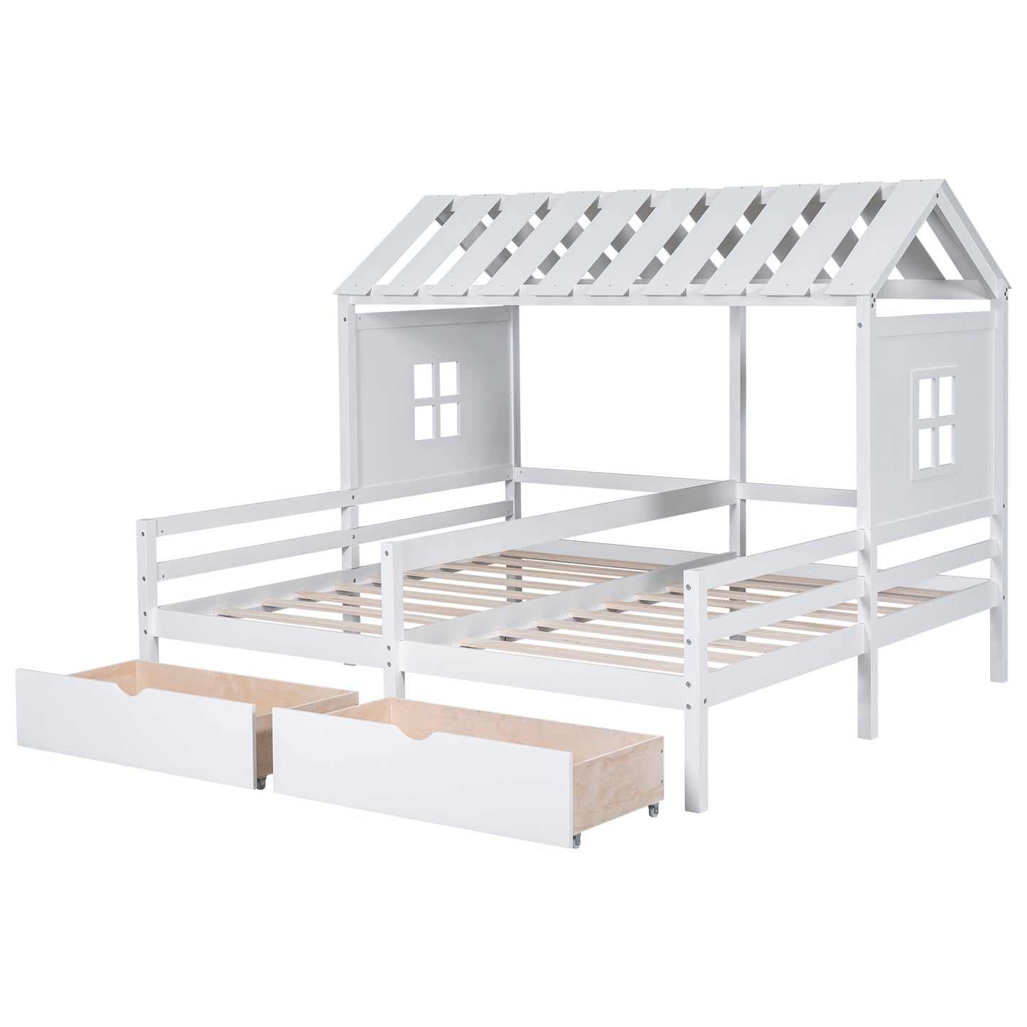 Twin Size House Platform Beds with Two Drawers for Boy and Girl Shared Beds, Combination of 2 Side by Side Twin Size Beds, White