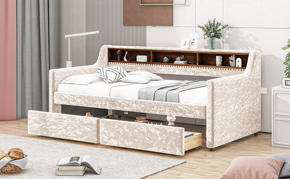 Twin Size Snowflake Velvet Daybed with Two Storage Drawers and Built-in Storage Shelves,Beige