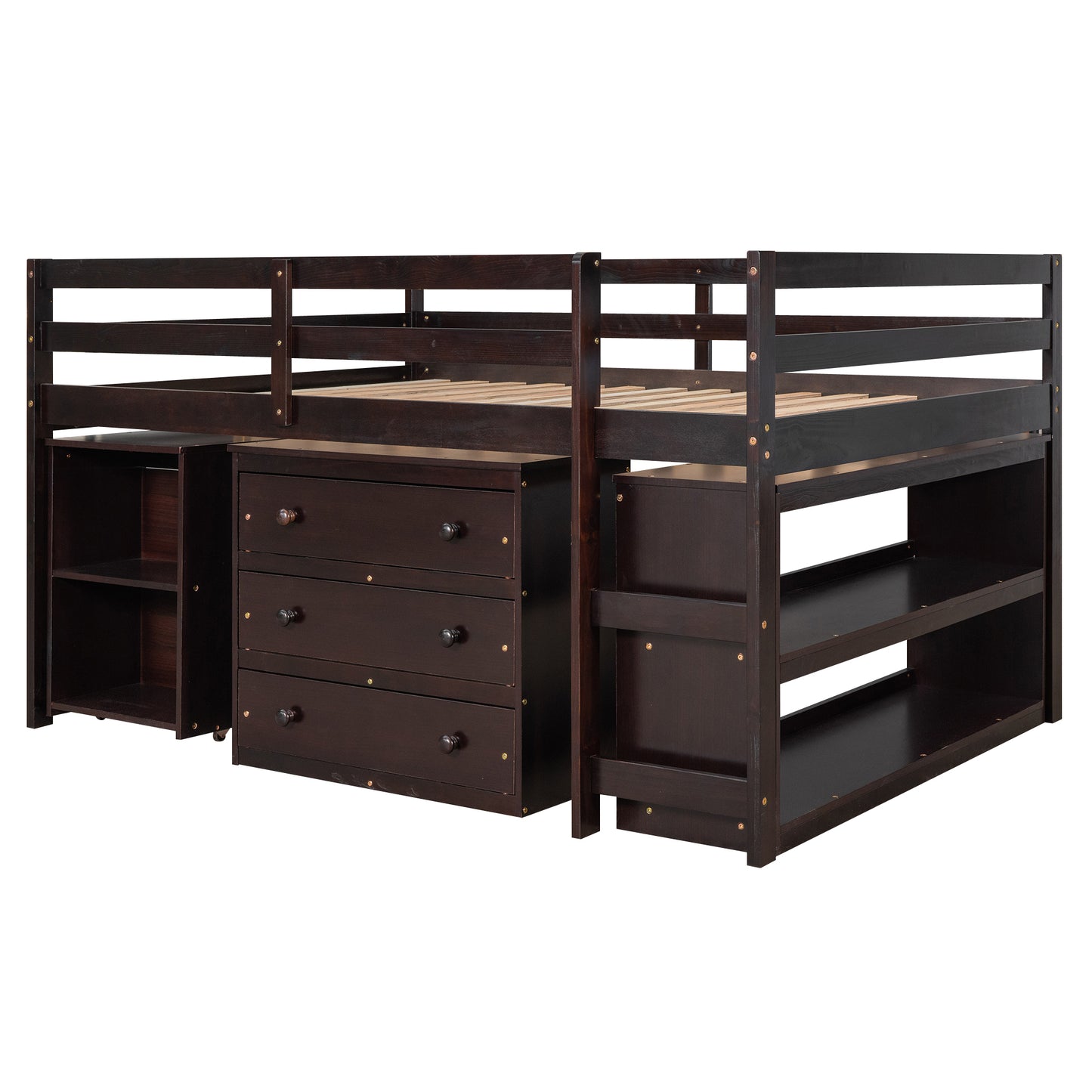 Low Study Full Loft Bed with Cabinet ,Shelves and Rolling Portable Desk ,Multiple Functions Bed- Espresso