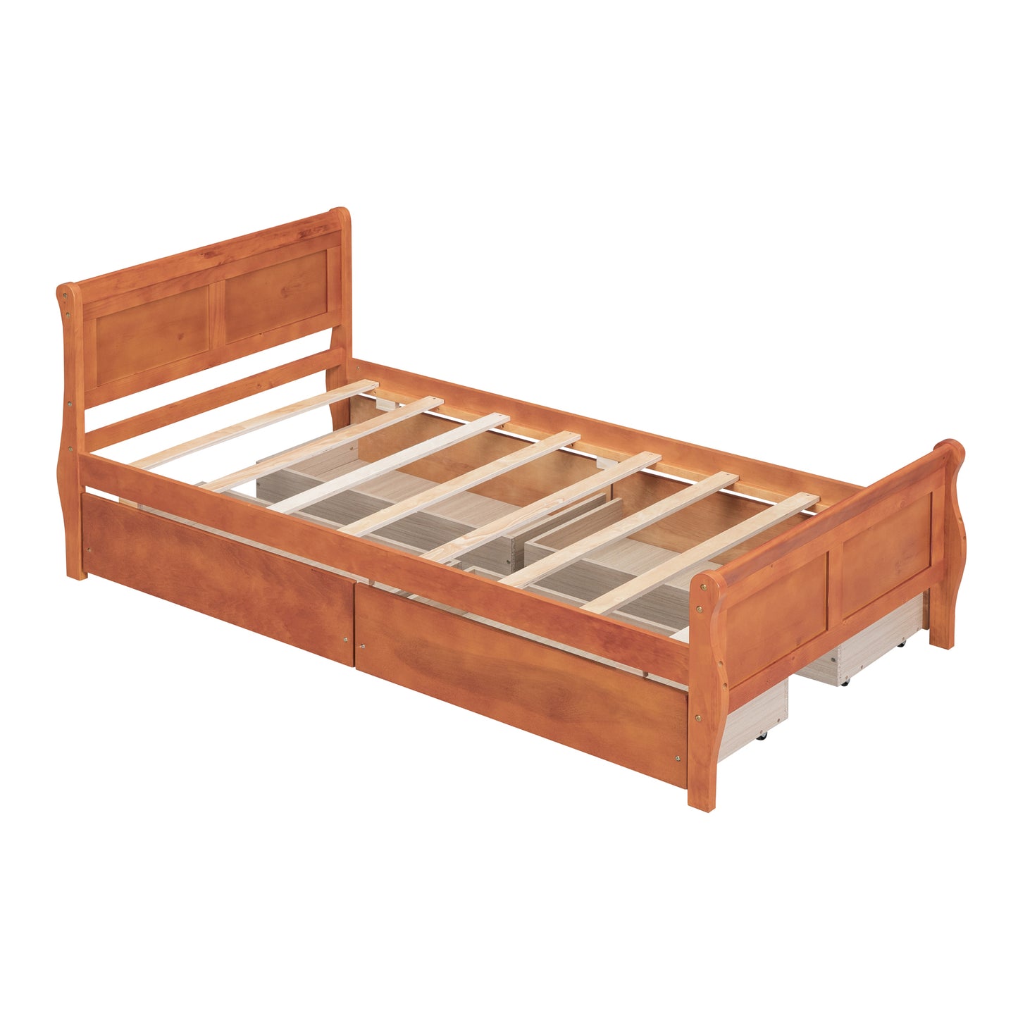 Twin Size Wood Platform Bed with 4 Drawers and Streamlined Headboard & Footboard, Oak