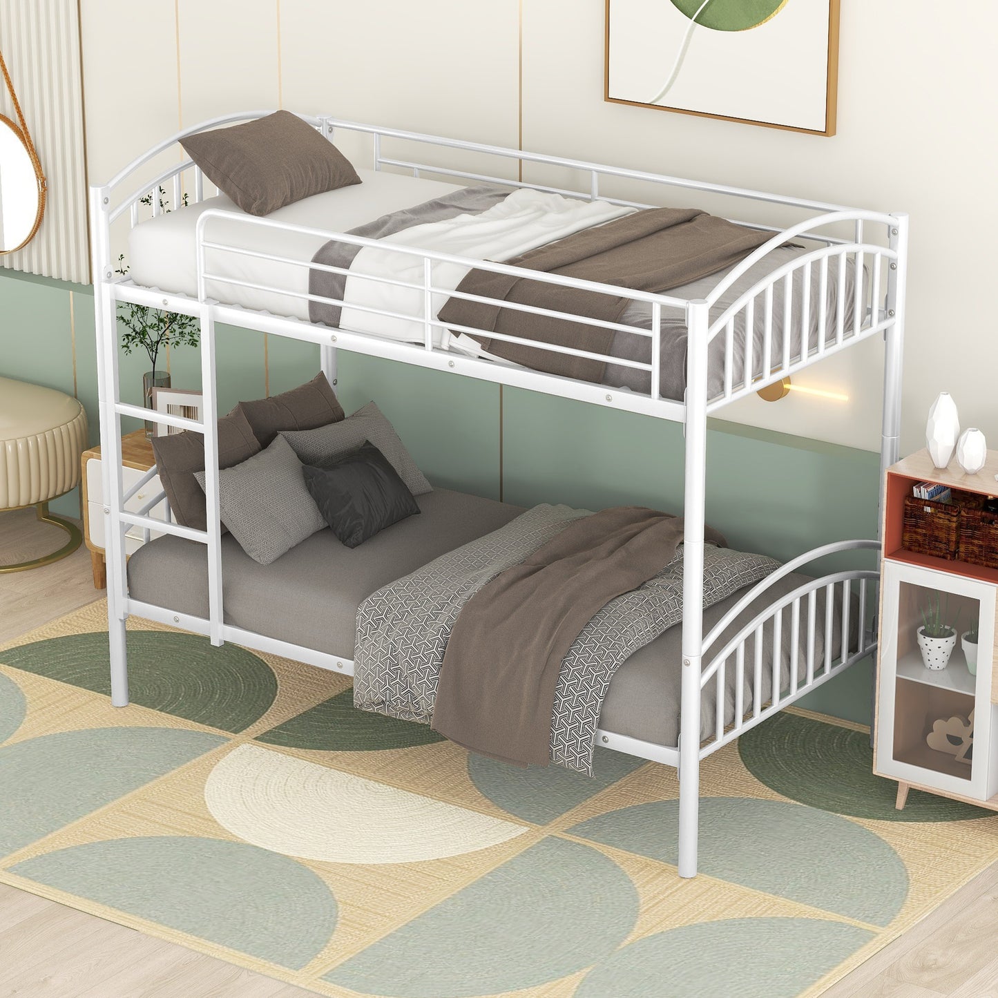 Twin Over Twin Metal Bunk Bed,Divided into Two Beds(White)