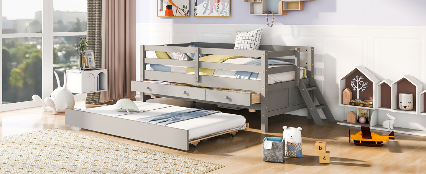 Low Loft Bed Twin Size with Full Safety Fence, Climbing ladder, Storage Drawers and Trundle Gray Solid Wood Bed