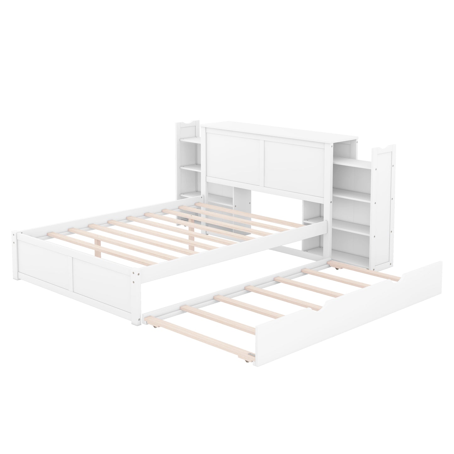 Full Size Storage Platform Bed with Pull Out Shelves and Twin Size Trundle, White