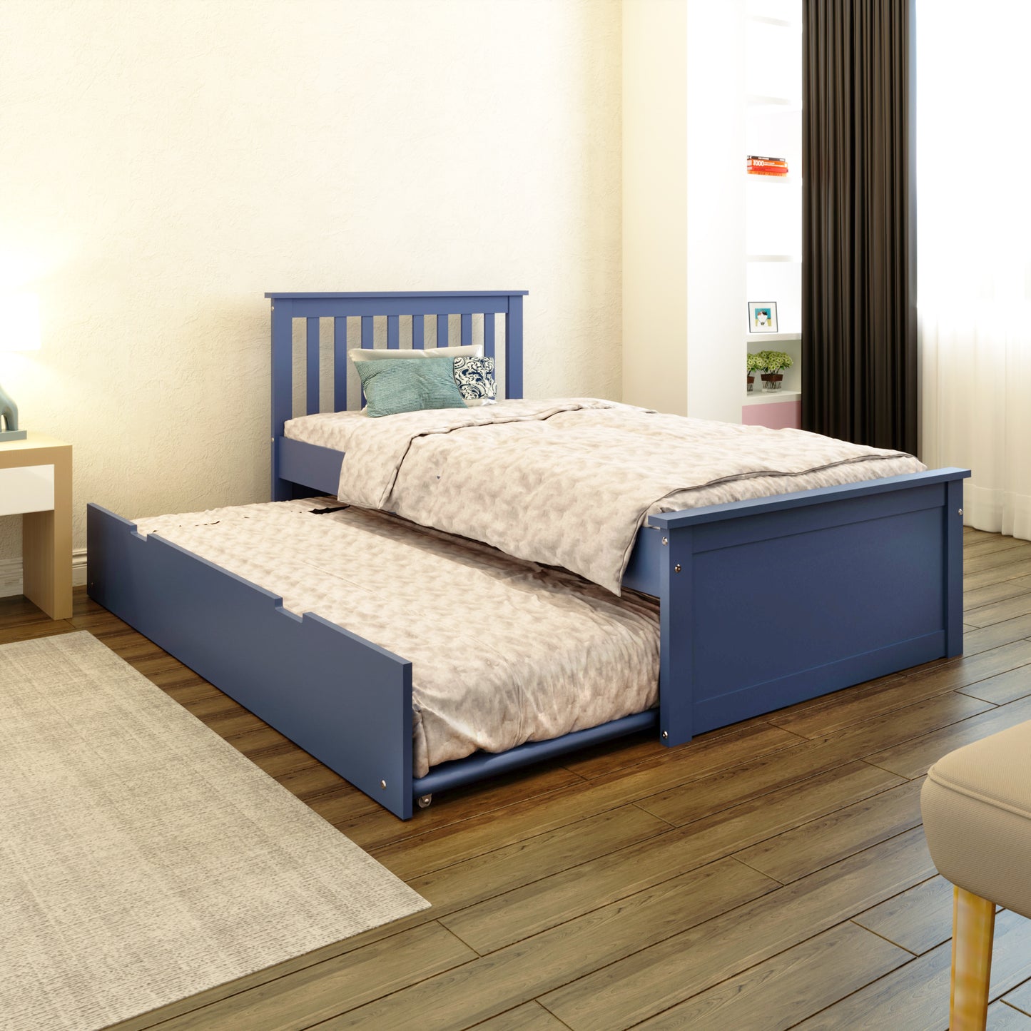 Yes4wood Blue Twin Bed with Trundle, Solid Wood Malibu Bed Frame with Twin Size Pull-Out Trundle for Kids and Toddlers