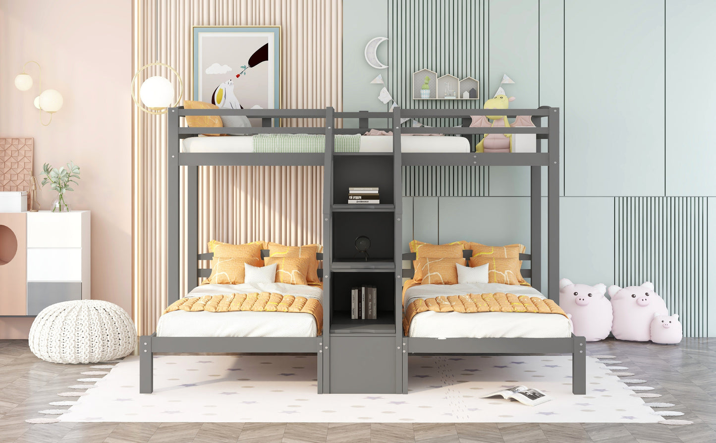 Twin over Twin & Twin Bunk Bed with Built-in Staircase and Storage Drawer,Gray