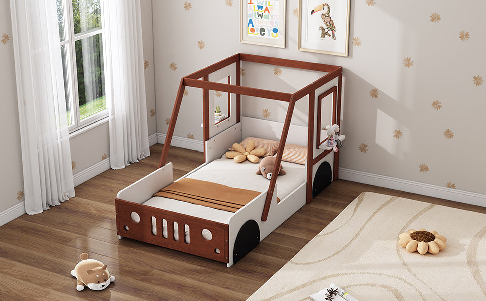 Fun Play Design Twin Size Car Bed, Kids Platform Bed in Car-Shaped for Kids Boys Girls Teens,White+ Orange