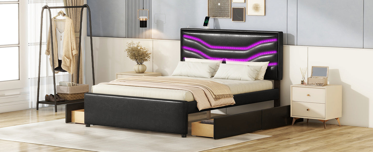 Queen Size Upholstered Storage Platform Bed with LED, 4 Drawers and USB Charging, Black