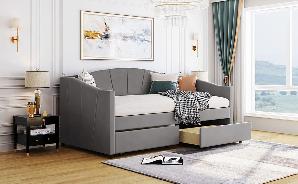Upholstered daybed Twin Size with Two Drawers and Wood Slat  ,Gray