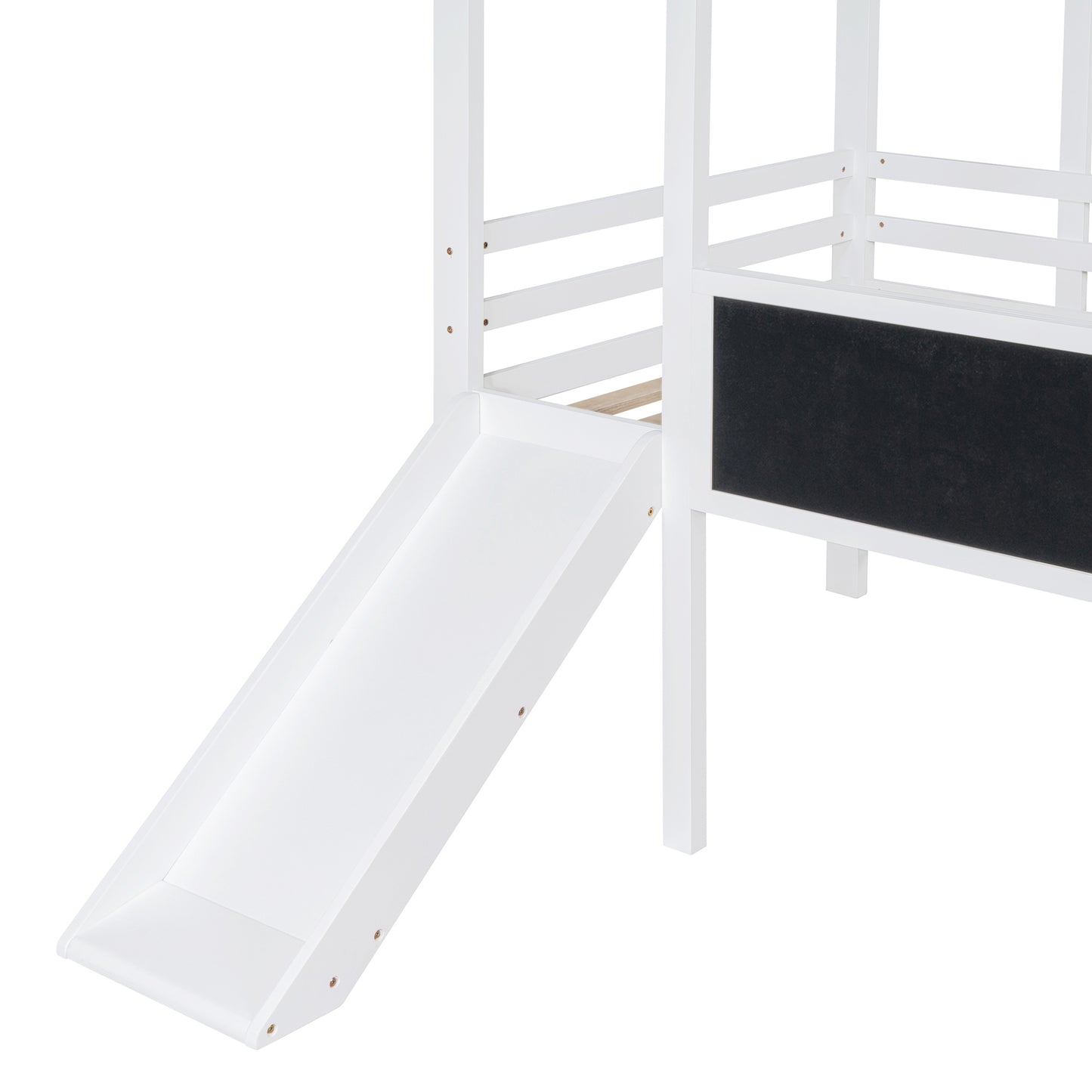 Twin Size Loft Bed with Ladder and Slide, House Bed with Blackboard and Light Strip on the Roof, White