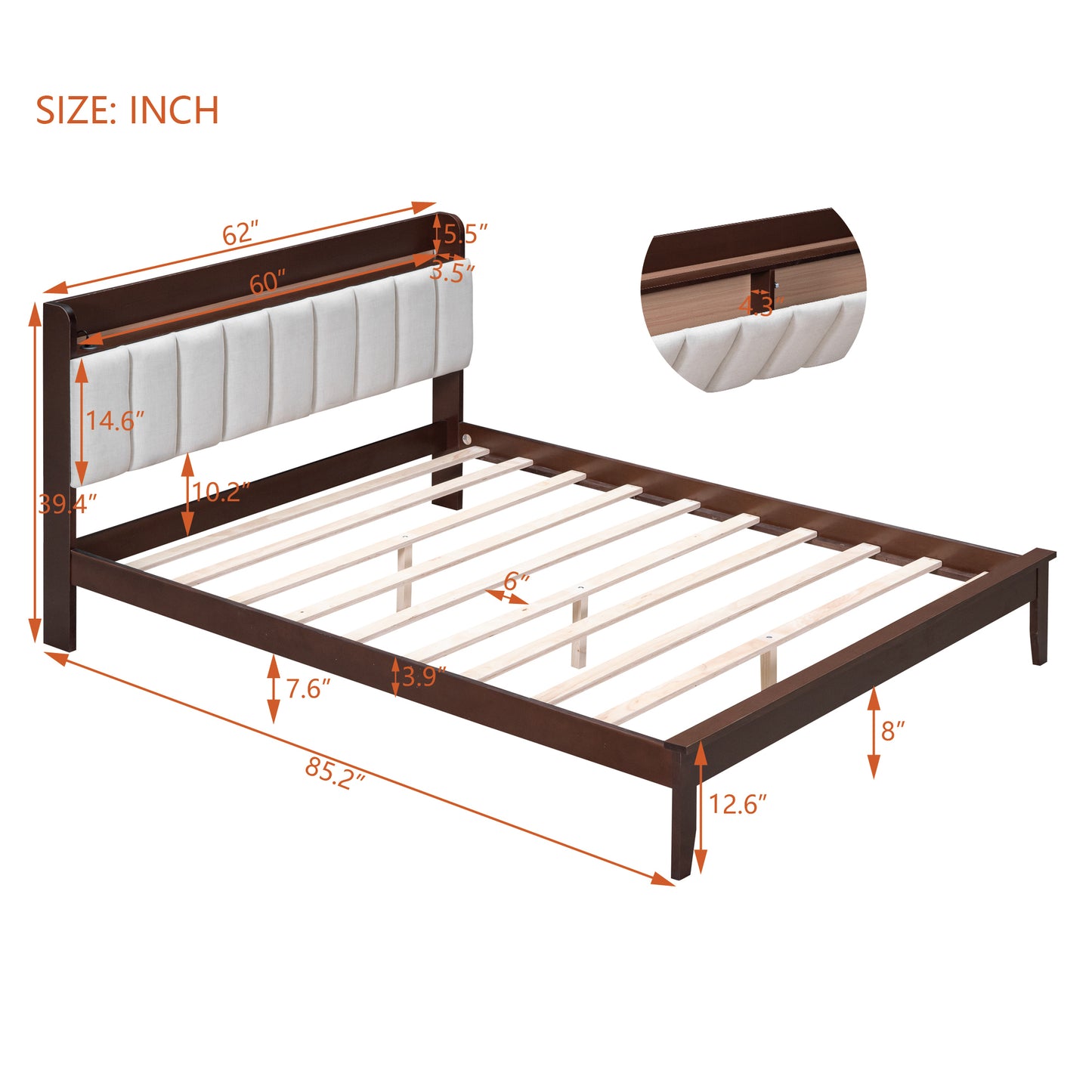Queen size Platform Bed with USB Charging Station and Storage Upholstered Headboard,LED Bed Frame,No Box Spring Needed,Walnut+Beige