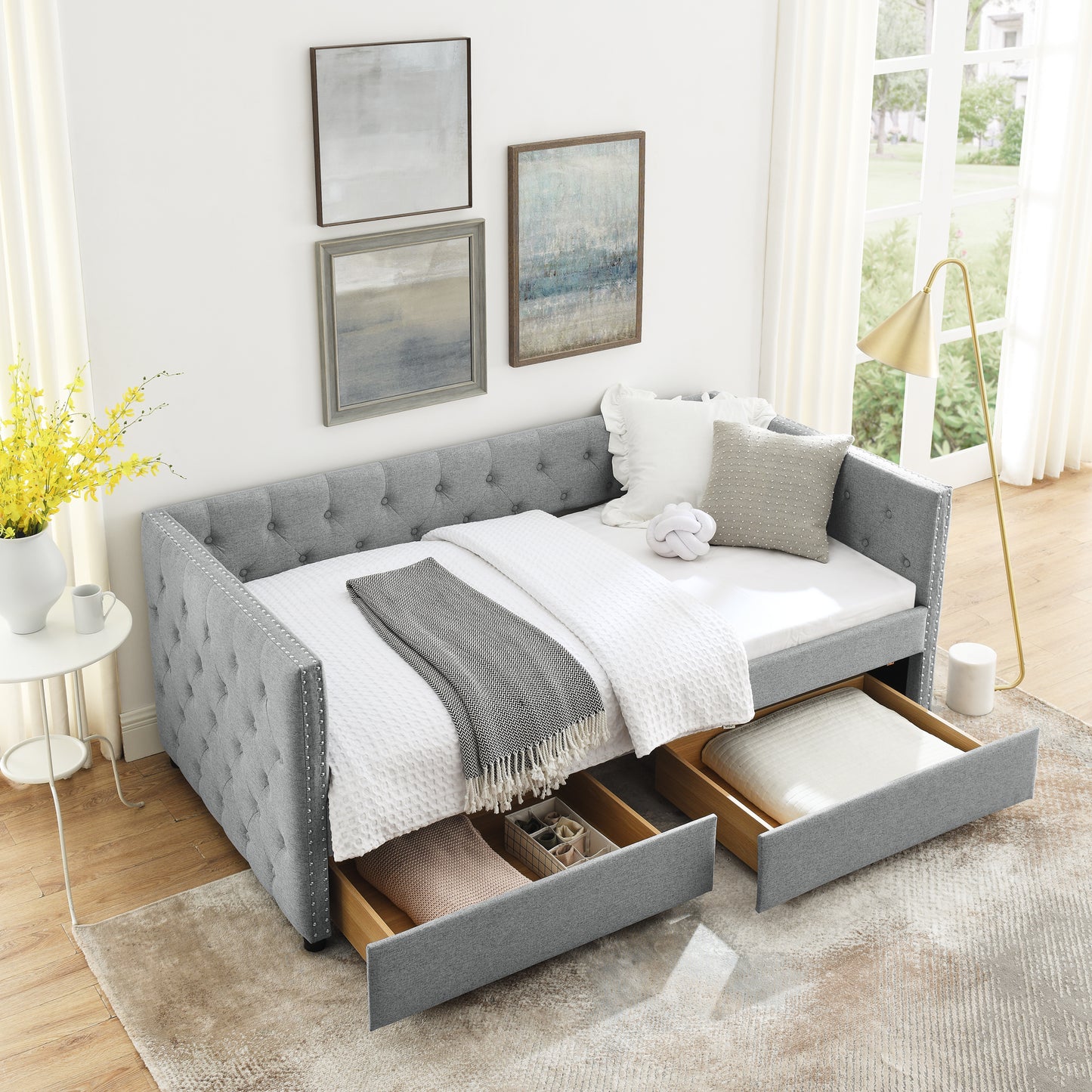 Upholstered Twin Size Daybed with Two Drawers, with Button and Copper Nail on Square Arms, Grey (82.75''x43''x30.75'')