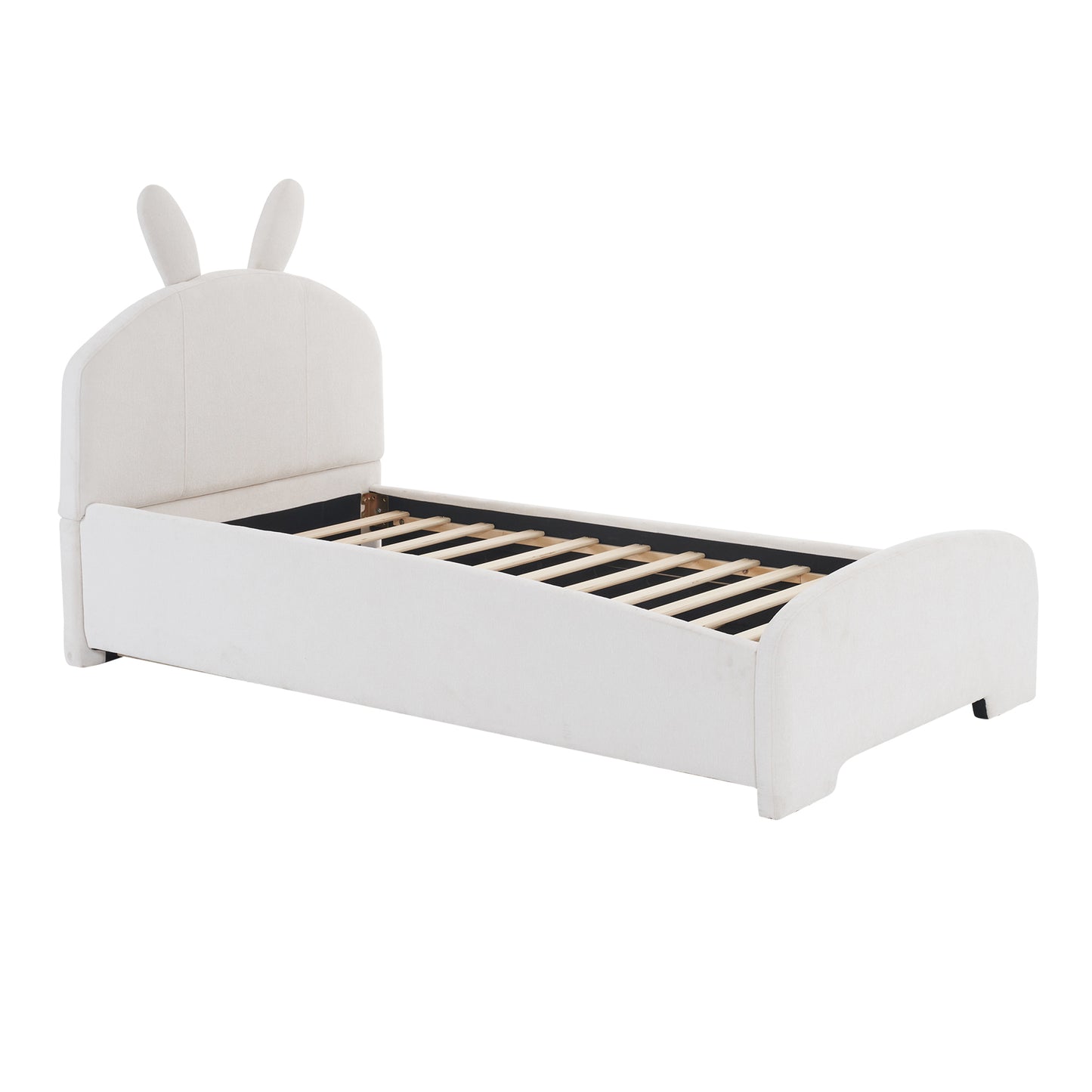 Twin Size Upholstered Platform Bed with Cartoon Ears Shaped Headboard and Trundle, White