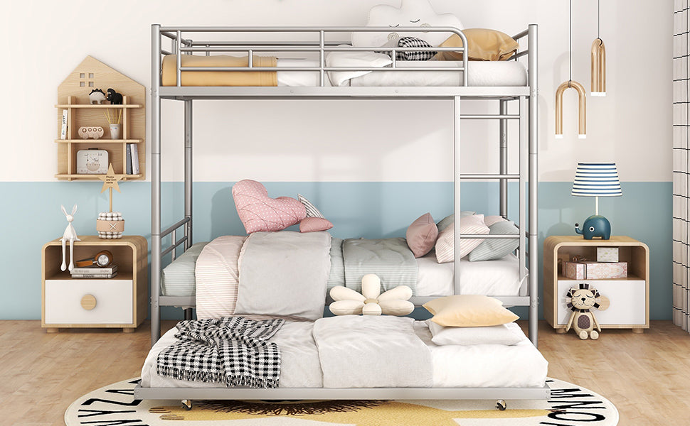 Full Over Full Metal Bunk Bed with Trundle, Silver