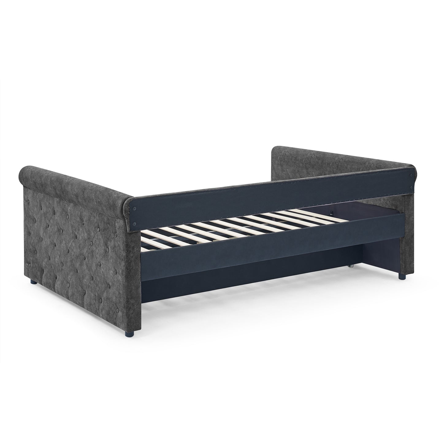 Daybed with Trundle Upholstered Tufted Sofa Bed, with Button and Copper Nail on Arms,Full Daybed & Twin Trundle, Grey(85.5"x57"x30.5")