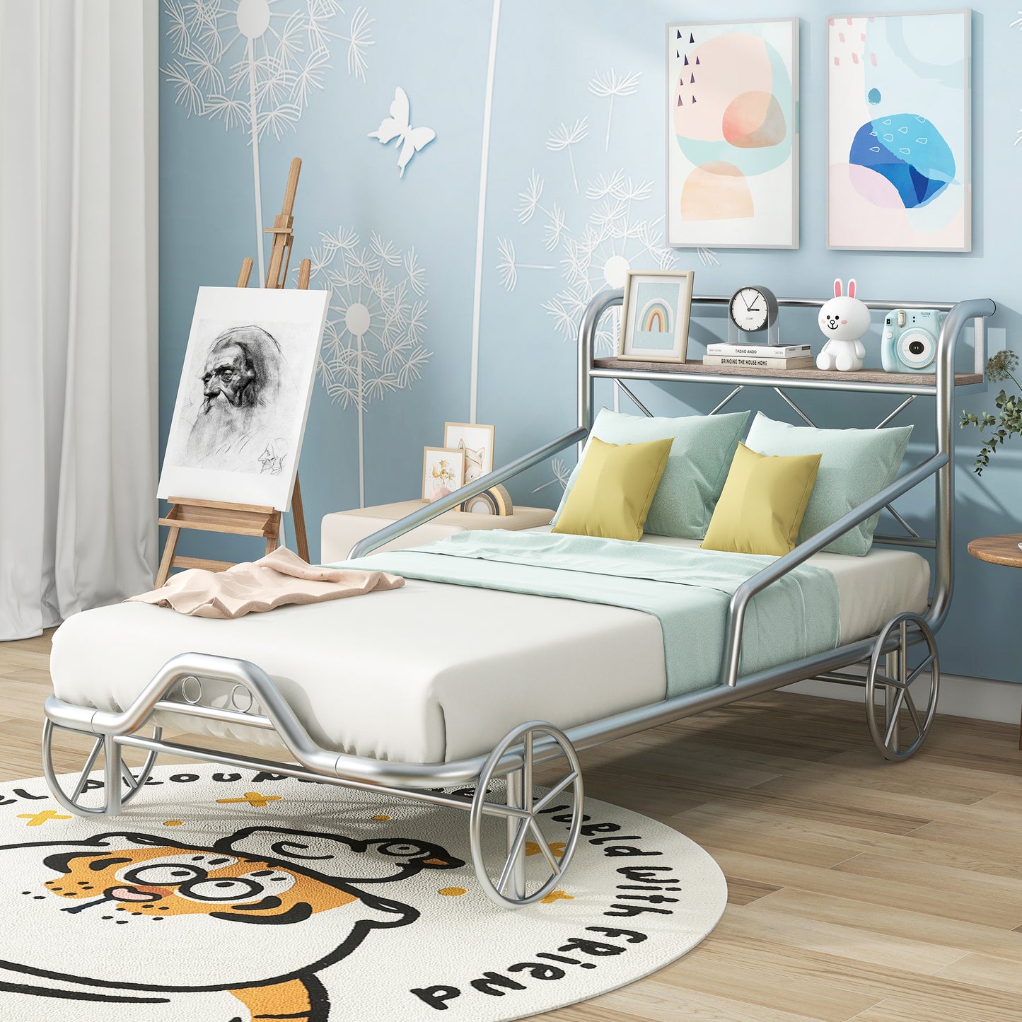 Twin Size Metal Car Platform Bed with Four Wheels, Guardrails and X-Shaped Frame Shelf, Silver