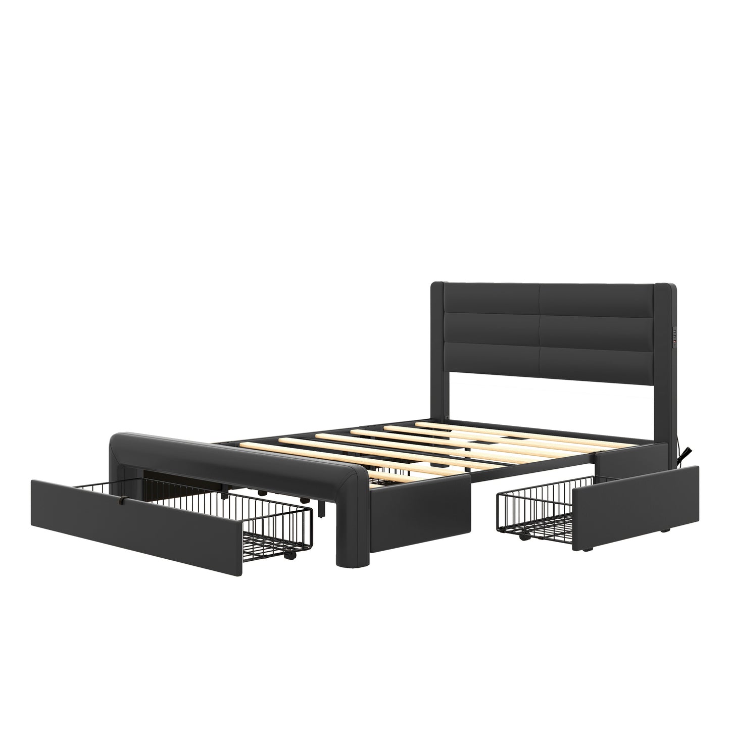 Queen Size Bed Frame with Drawers Storage, Leather Upholstered Platform Bed with Charging Station, Black