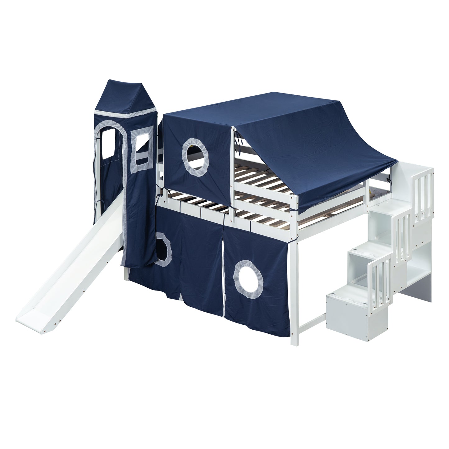 Full Size Loft Bed with Tent and Tower - Blue