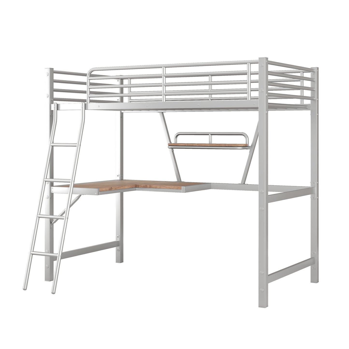Twin Size Loft Metal&MDF Bed with Desk and Shelf, Silver