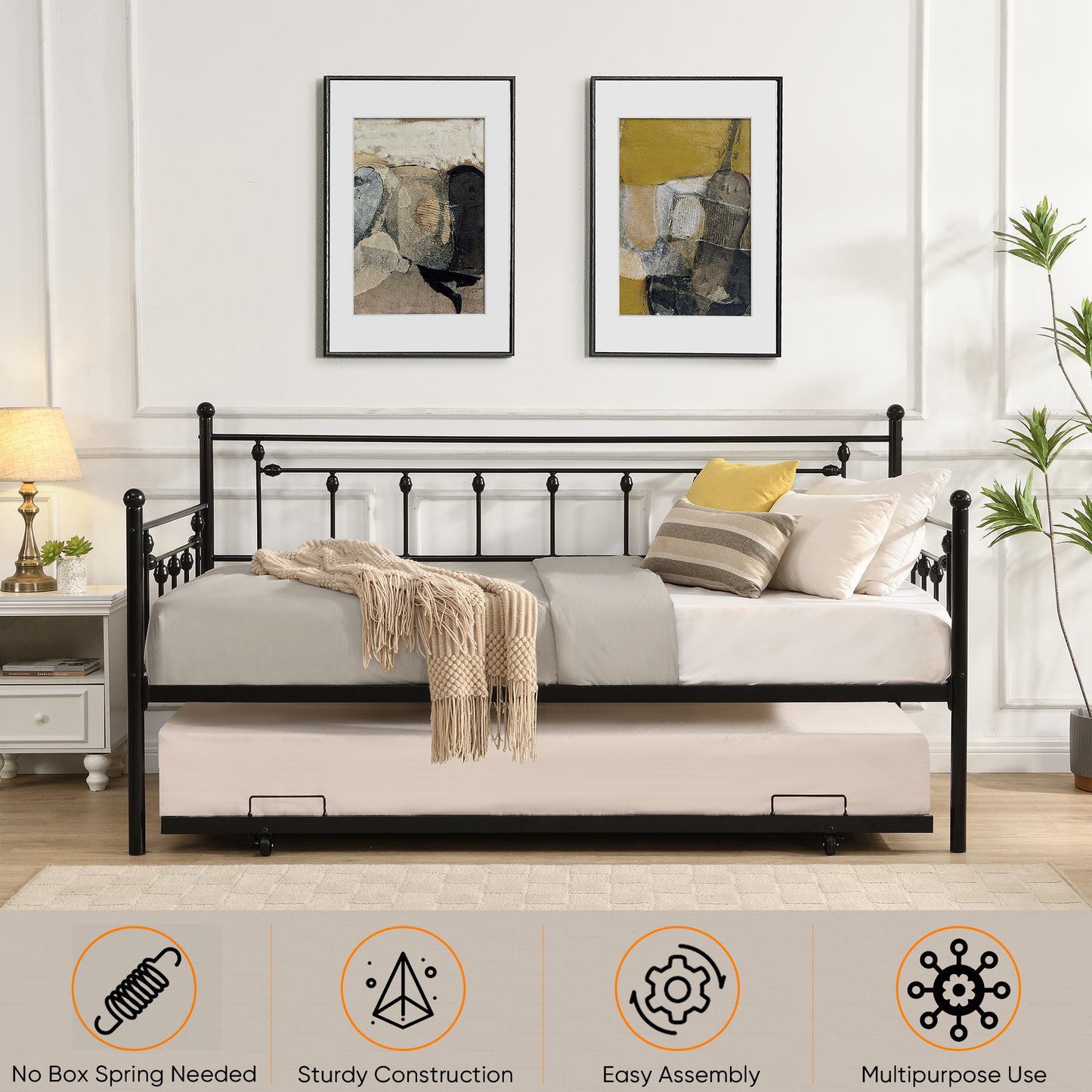 Twin Size Metal Daybed with Pull Out Trundle, Modern 2 in 1 Sofa Bed Frame for Kids Teens Adults,Single Daybed Sofa Bed Frame for Bedroom Living Room Guest Room,No Box Spring Needed
