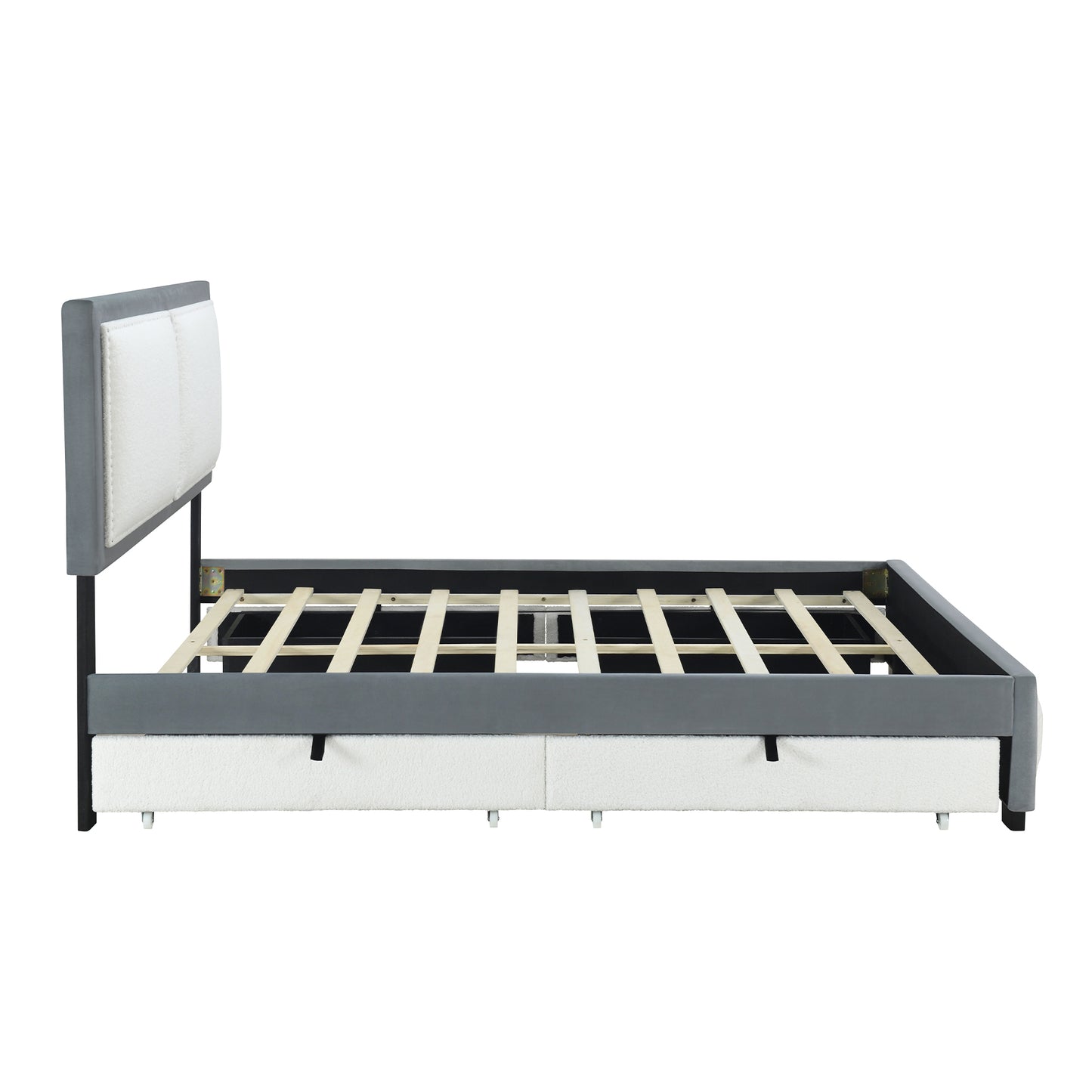 Queen Size Upholstered Platform Bed with Large Rivet-decorated Backrests and 4 Drawers, Velvet matched with Teddy Fleece, Gray+White