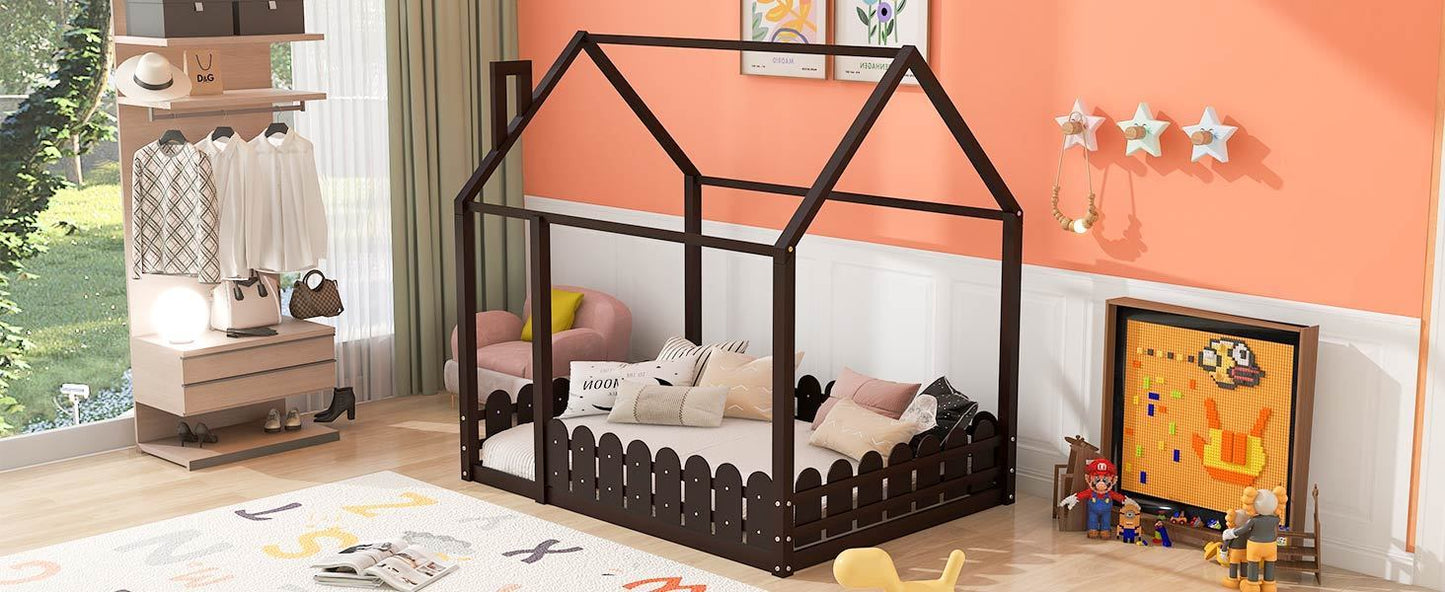 Full Size Wood Platform Bed House Bed Frame with Fence, Espresso (Slats are not included)