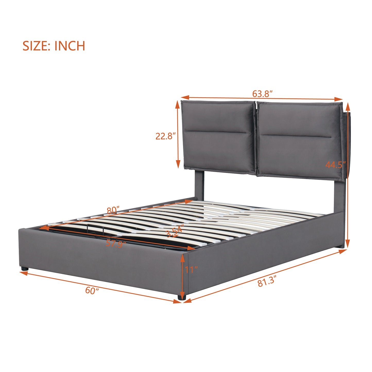 Upholstered Platform bed with a Hydraulic Storage System, Queen size, Gray